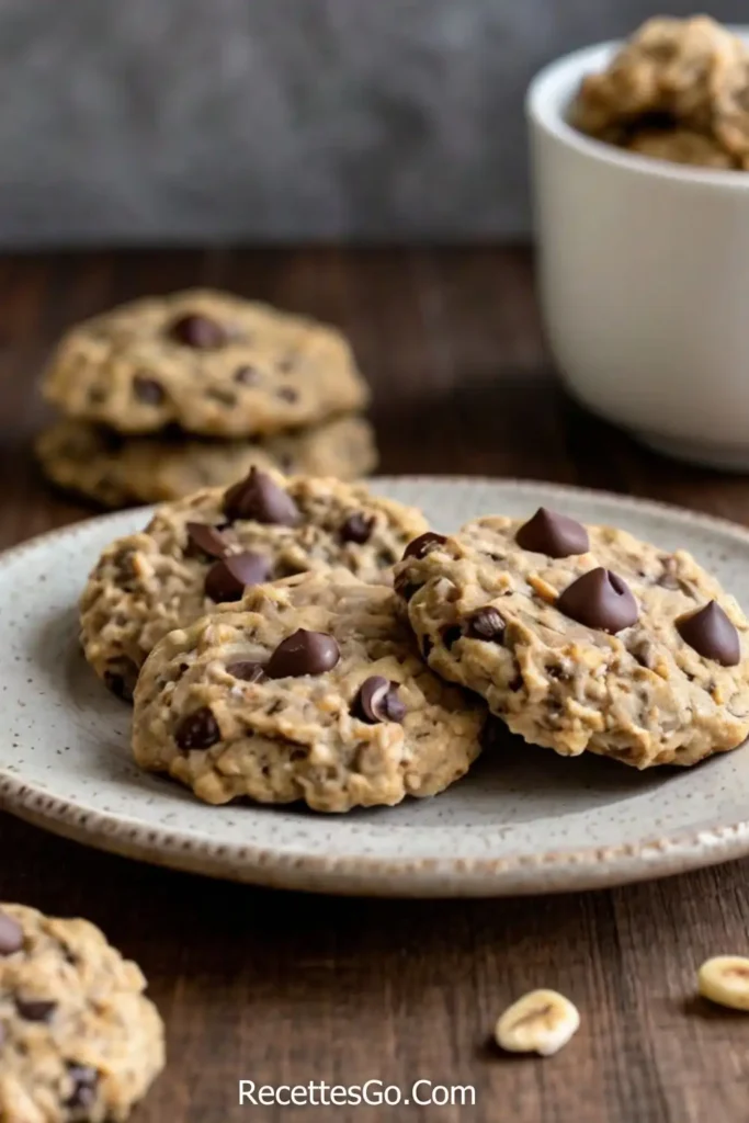 Stack of homemade banana chocolate chip cookies with oats and bananas in the background