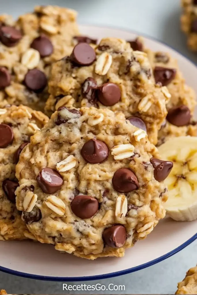 Close-up of banana chocolate chip breakfast cookies on a cooling rack