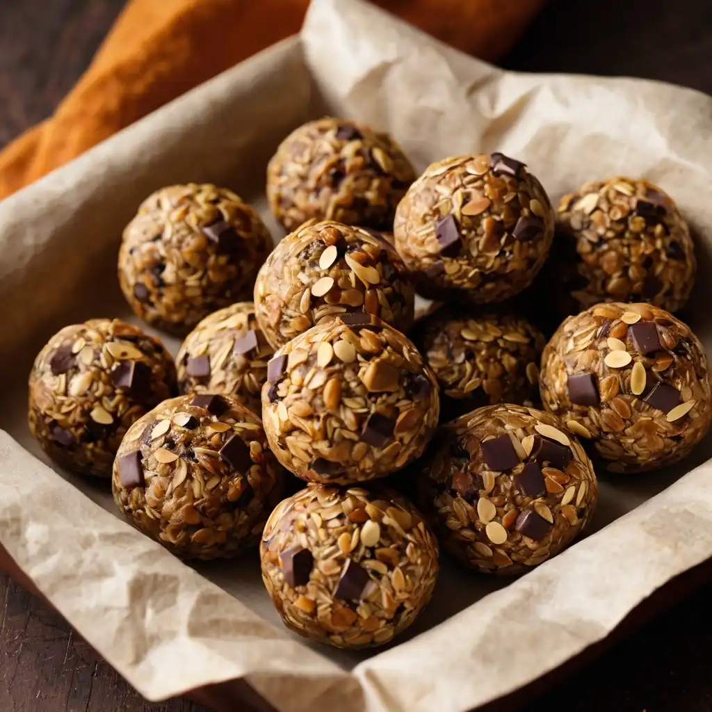 Cross-sectional view of a pumpkin protein ball revealing its interior texture with oats and chocolate chips. A delicious and wholesome fall snack made with pumpkin and protein powder.
