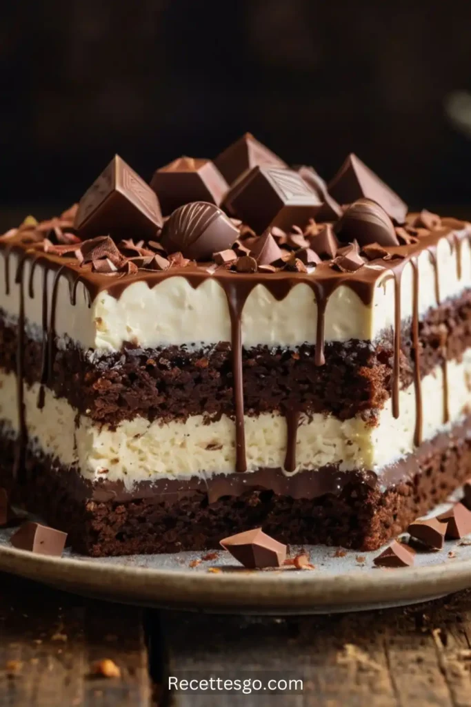 A slice of Hershey Bar Cake on a white plate, revealing its moist interior and topped with smooth, creamy frosting and chocolate pieces.