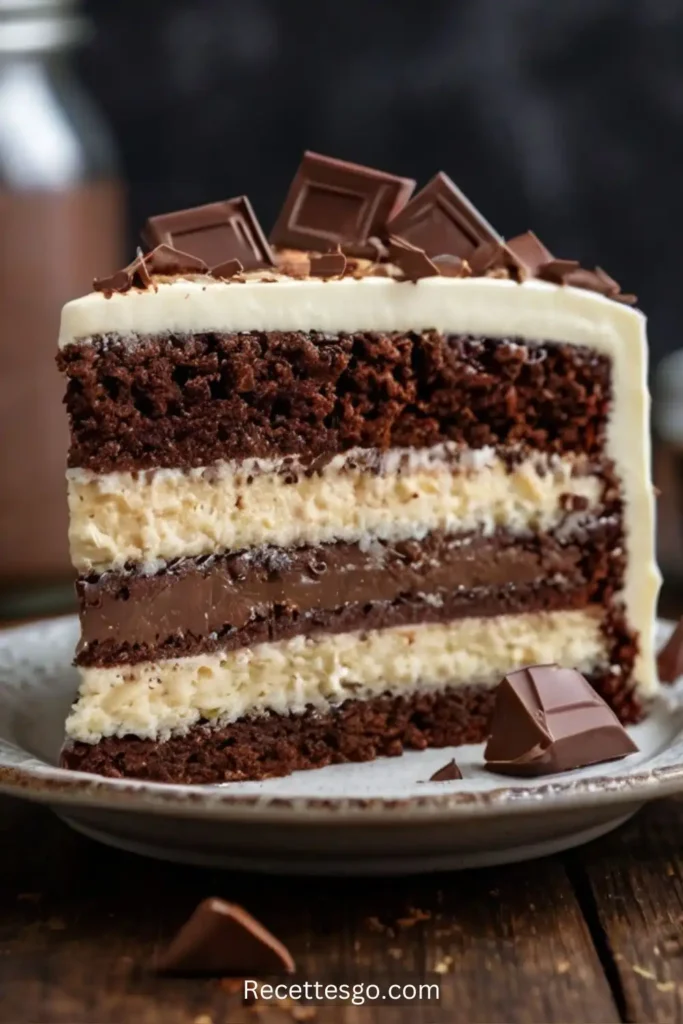 Overhead view of a perfectly frosted Hershey Bar Cake, with chopped Hershey’s chocolate bars artistically arranged on top, placed on a marble countertop.