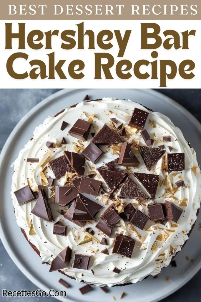 a Hershey Bar Cake with rich chocolate layers and creamy frosting, topped with chopped Hershey’s chocolate bars