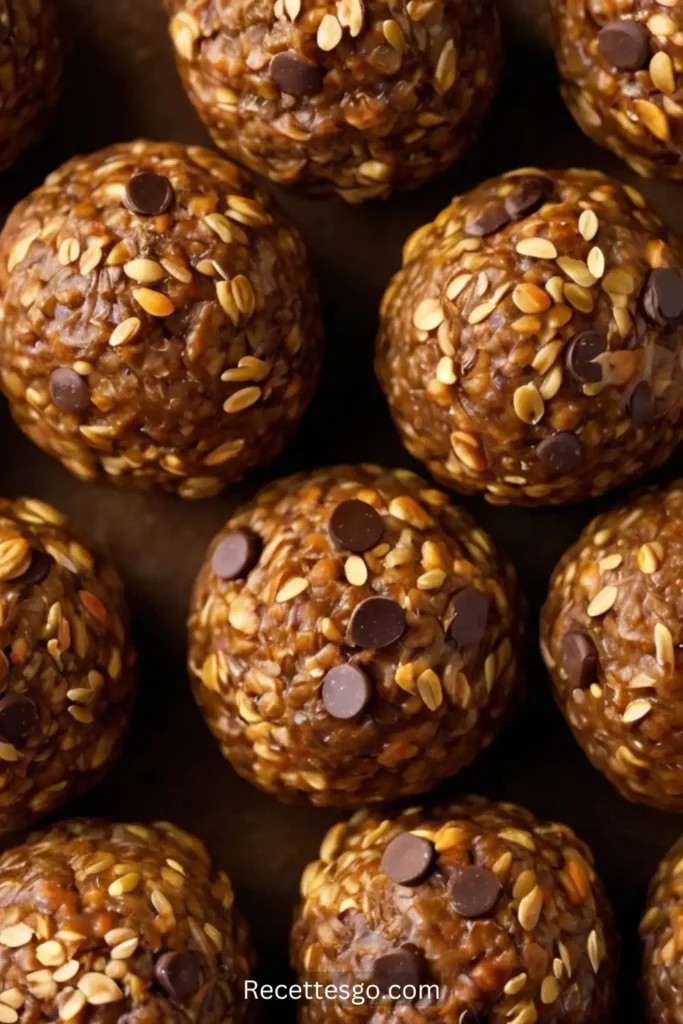 Close-up of ingredients for pumpkin protein balls, including oats, pumpkin puree, almond butter, and chocolate chips. Essential components for a nutritious fall treat.