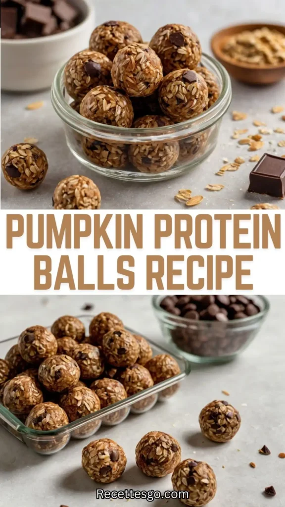 Pumpkin protein balls arranged on a white plate, showcasing their round shape and texture. A perfect healthy fall snack recipe made with pumpkin puree and almond butter.
