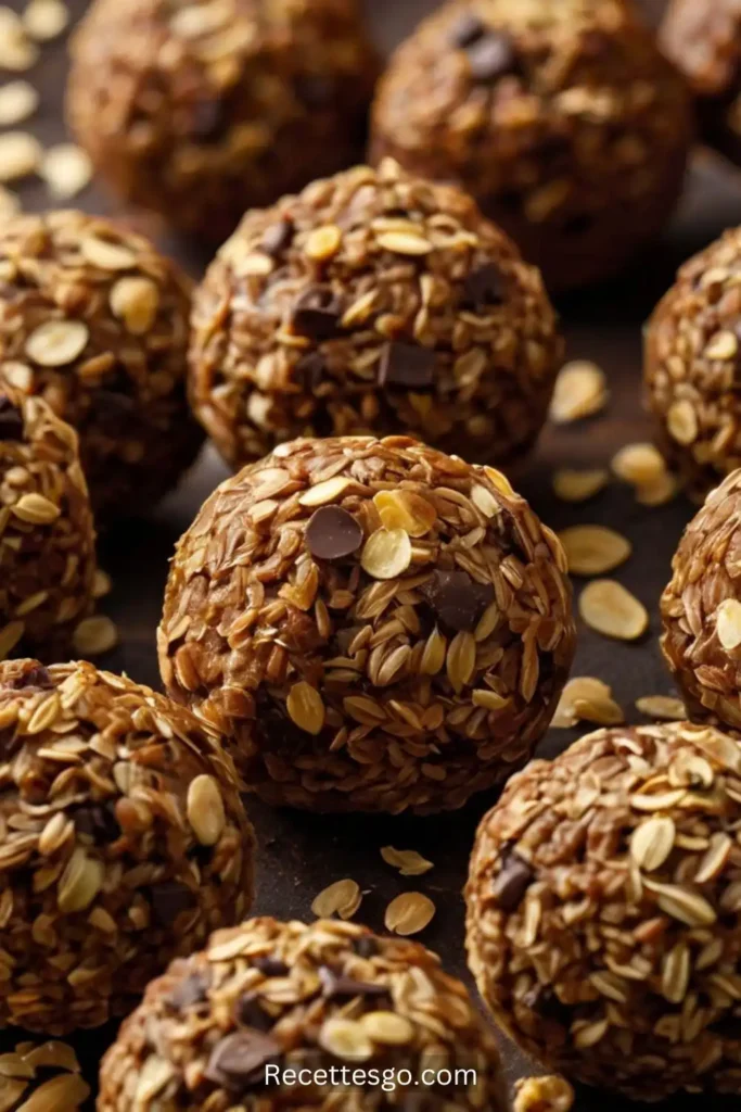 Close-up photo of homemade pumpkin protein balls showing detailed texture and surface, made with oats, almond butter, and pumpkin puree. Perfect for a healthy snack