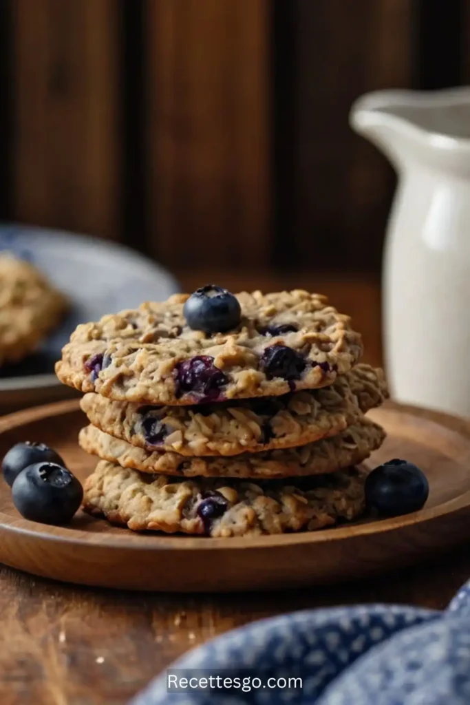 Close-up of golden-brown banana blueberry oatmeal cookies cooling on a wire rack, showcasing a chewy texture and visible blueberries. Captured with natural lighting to highlight the fresh-baked appearance.