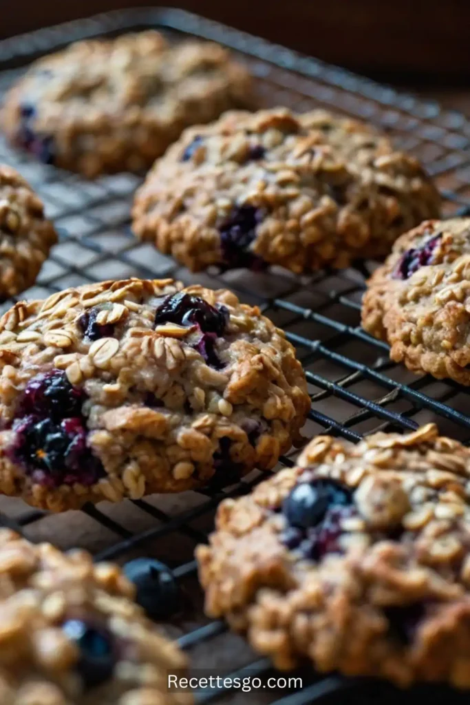 Stack of warm, homemade banana blueberry oatmeal cookies on a light wooden plate. The cookies display a golden exterior and chunks of blueberries, emphasizing their homemade texture and flavor.