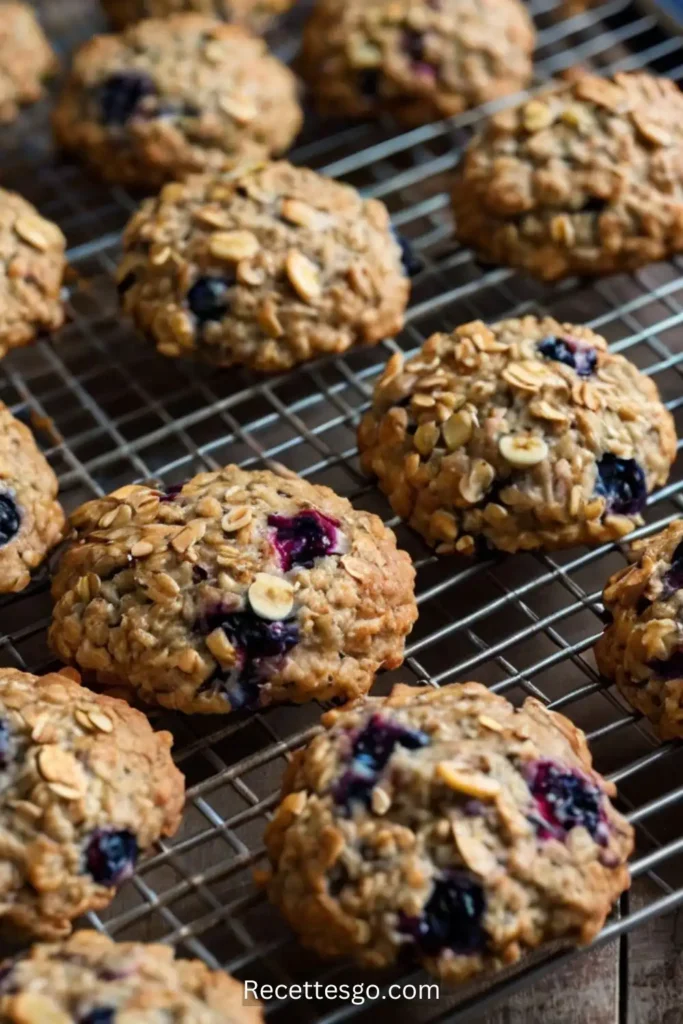 golden-brown banana blueberry oatmeal cookies arranged on a cooling rack. The image highlights the texture and freshness of the cookies, with natural lighting enhancing their appeal.