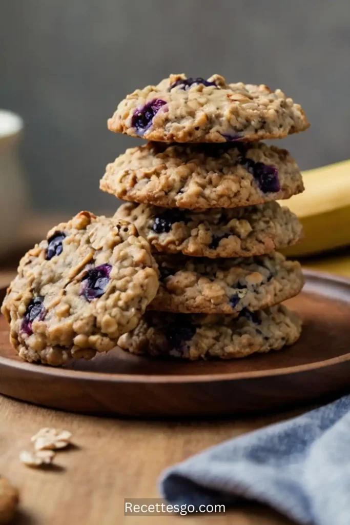 Freshly baked banana blueberry oatmeal cookies with one broken to reveal a soft, chewy interior. The cookies are arranged on a cooling rack with a hint of steam, showing their fresh-baked quality.