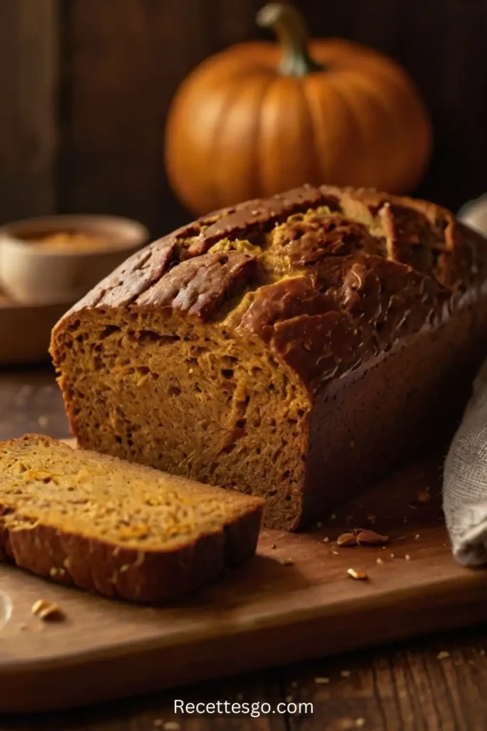 Close-up of a slice of gluten-free pumpkin bread with a spread of butter, highlighting the golden crust
