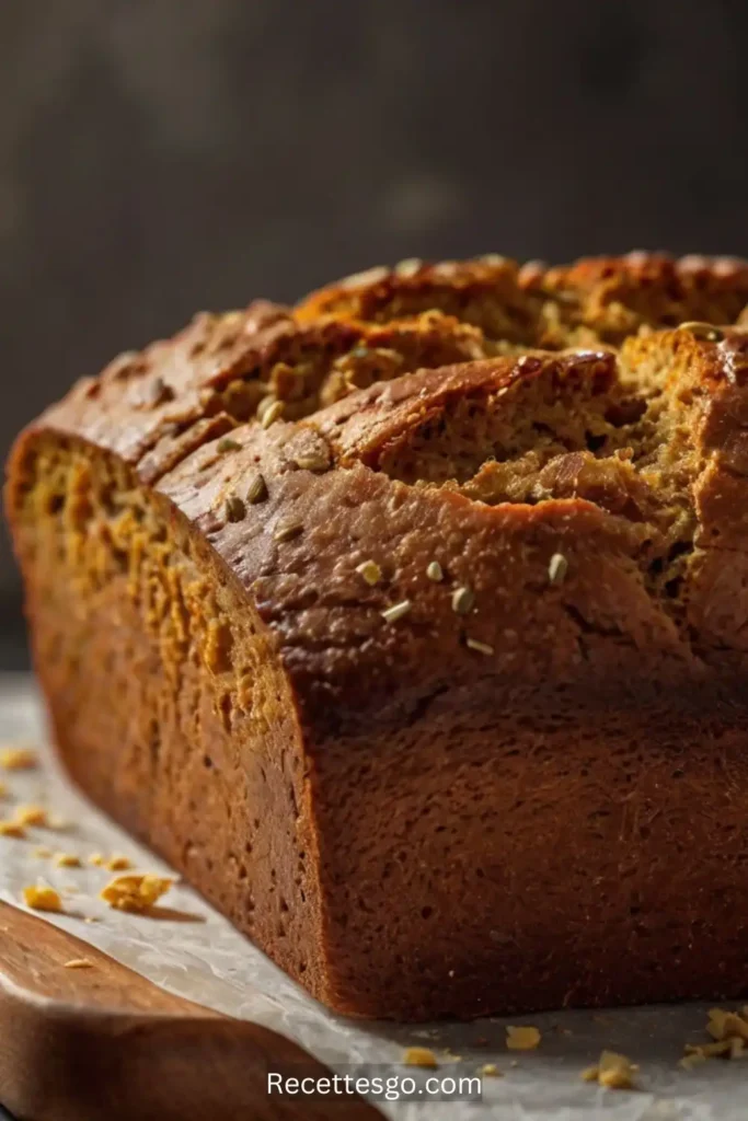 Gluten-free pumpkin bread sliced on a wooden cutting board, showcasing a moist and fluffy texture
