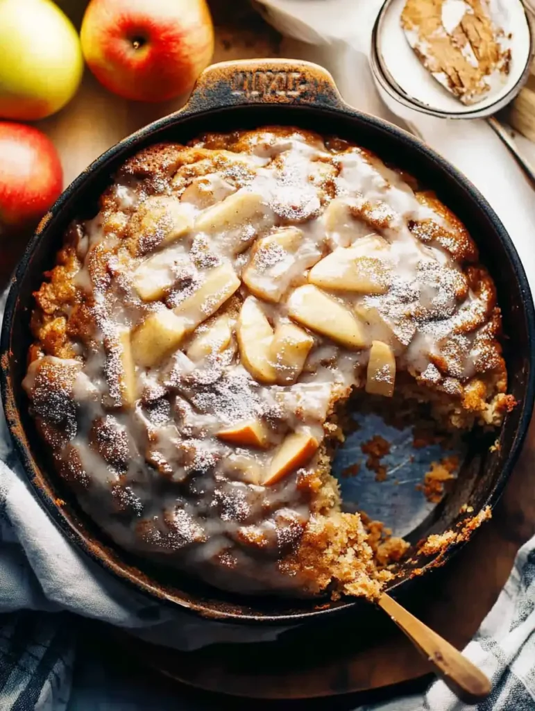 A skillet filled with Apple Fritter Cake on top of a table