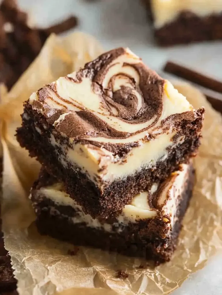 Close-up of a swirled brownie cheesecake bar on parchment paper, highlighting the marbled chocolate and cheesecake layers.
