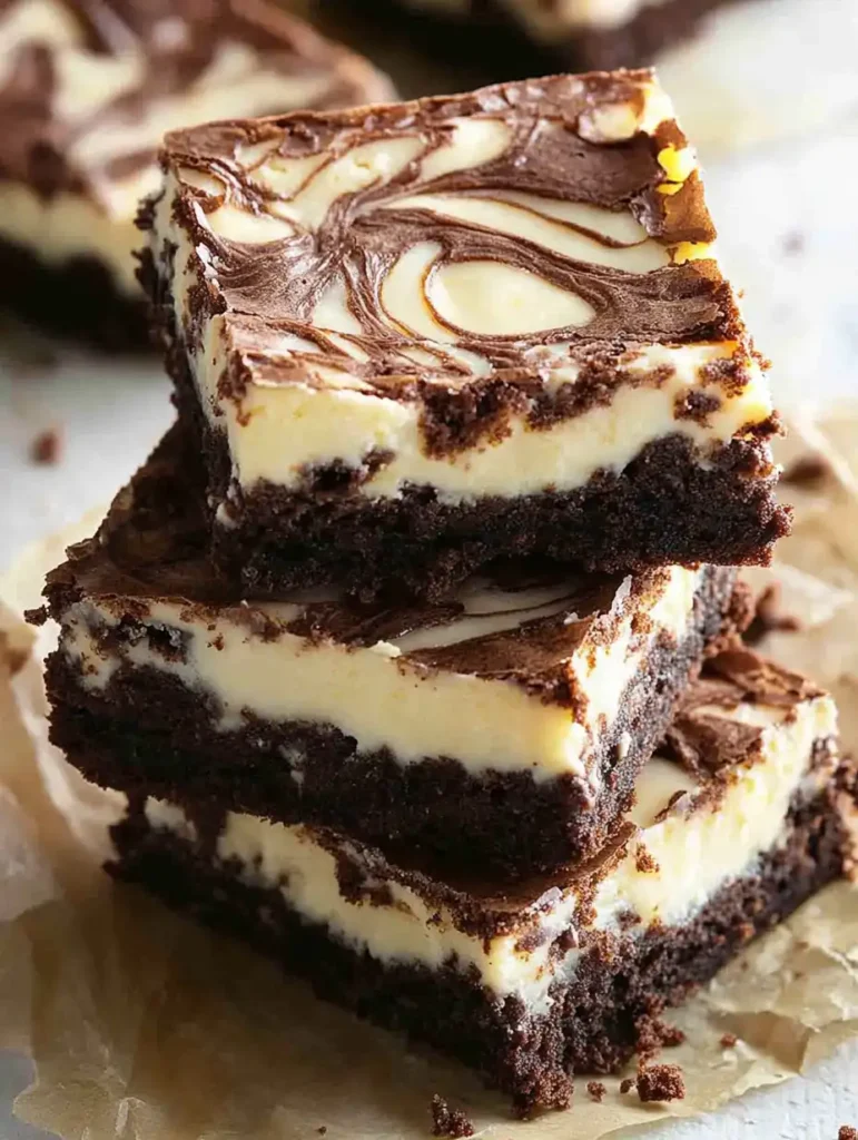 Stack of rich brownie cheesecake bars with chocolate swirls on parchment paper.