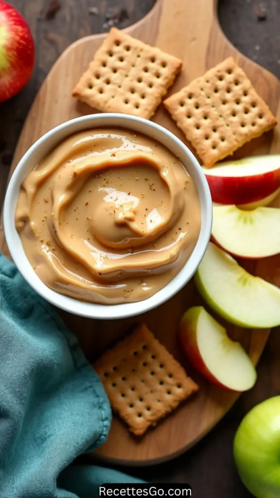 Rustic caramel sauce served on a wooden board, accompanied by juicy apple slices