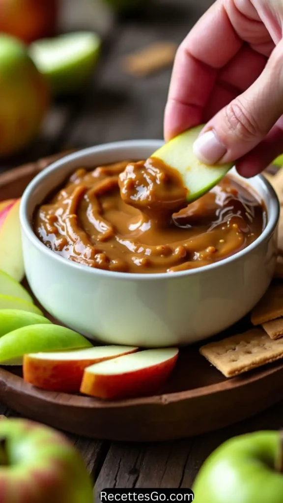 Sweet caramel dip with a rich, golden topping and crisp apple slices for dipping