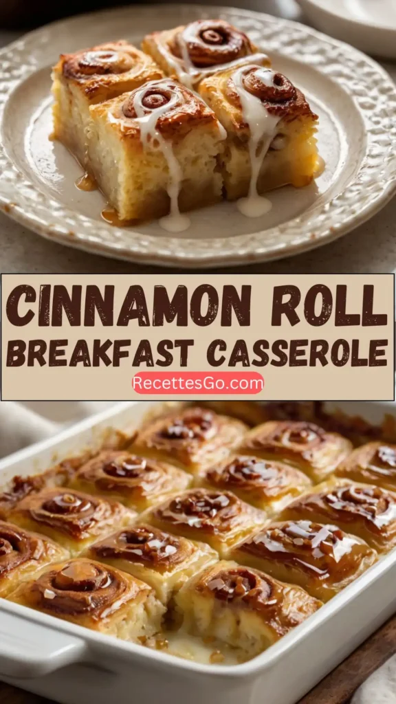 Soft and fluffy Cinnamon Roll Breakfast Casserole squares, topped with a generous drizzle of icing, set on a rustic wooden plate.
