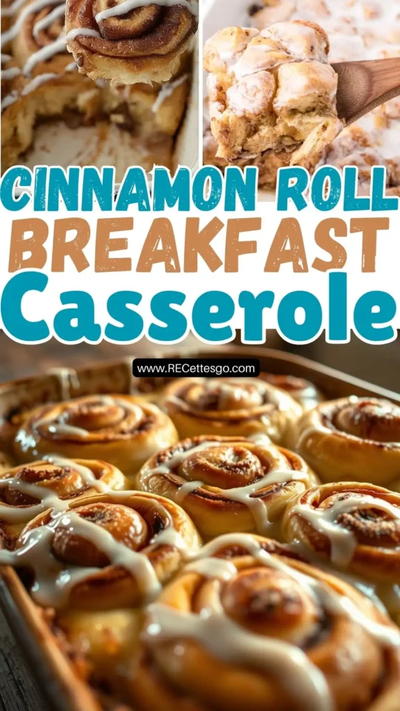 Overhead shot of a warm, gooey Cinnamon Roll Breakfast Casserole served in a white ceramic dish, ideal for brunch or special occasions.