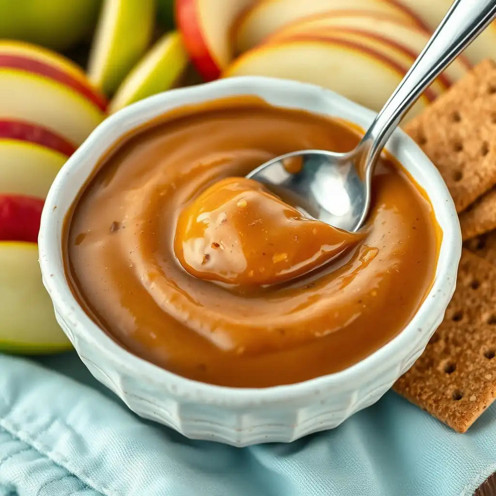 Homemade dip in a bowl, perfect for dipping fresh apple slices in a creamy caramel sauce