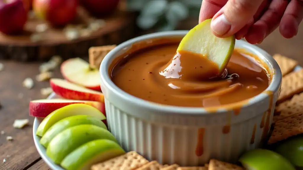 Delicious caramel sauce dip served with sliced green apples and a sprinkle of sea salt