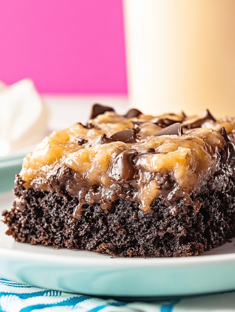 Close-up of a decadent chocolate cake slice topped with caramel frosting and chocolate sprinkles on a white plate.