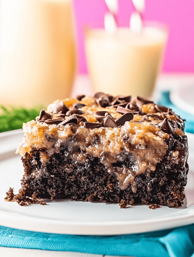 German chocolate cake slice with coconut pecan frosting on a white plate, accompanied by a glass of milk, set against a bright pink background.