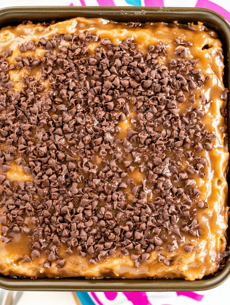 A pan of freshly made German chocolate cake frosting with coconut and pecans, sprinkled with chocolate jimmies.