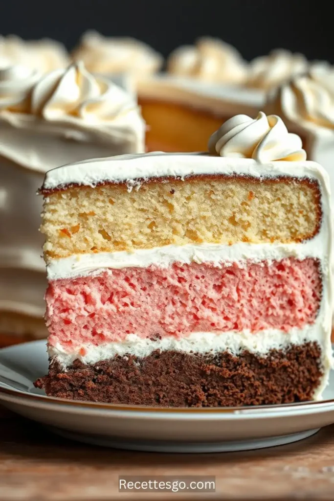 Neapolitan cake photo with three distinct layers: chocolate, vanilla, and strawberry