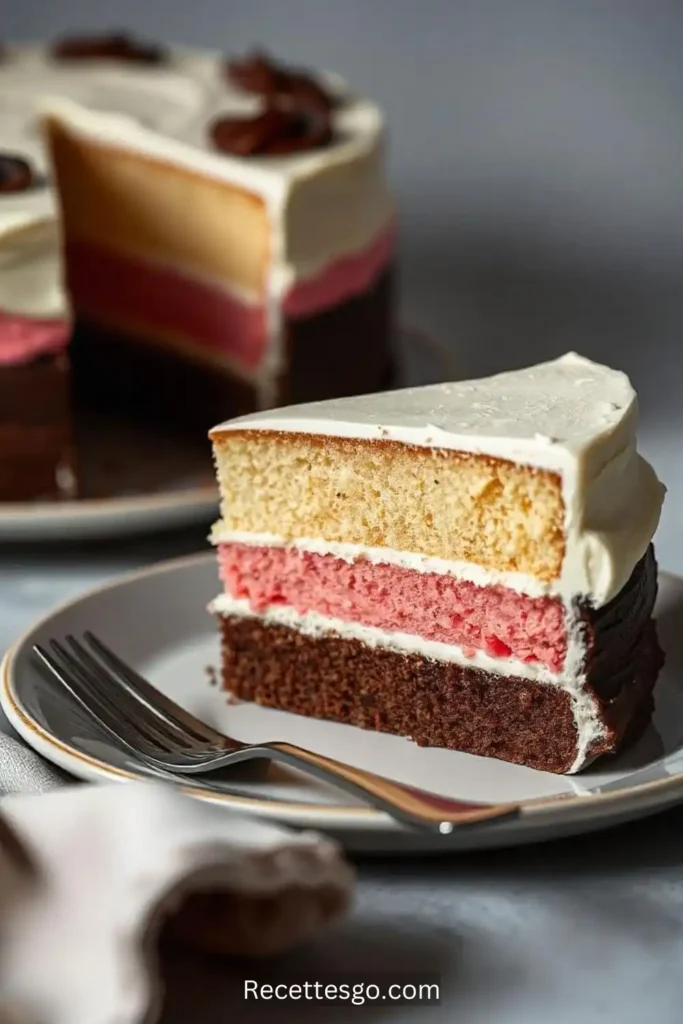 Beautifully layered Neapolitan cake slice featuring chocolate, vanilla, and strawberry