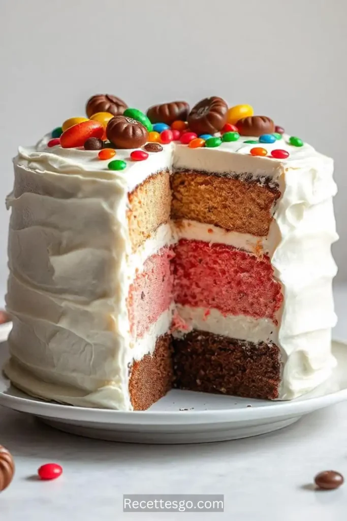 Close-up of a Neapolitan cake slice showcasing chocolate, vanilla, and strawberry layers