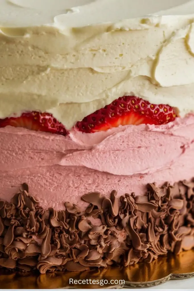 Neapolitan cake slice with layers of chocolate, vanilla, and strawberry flavors