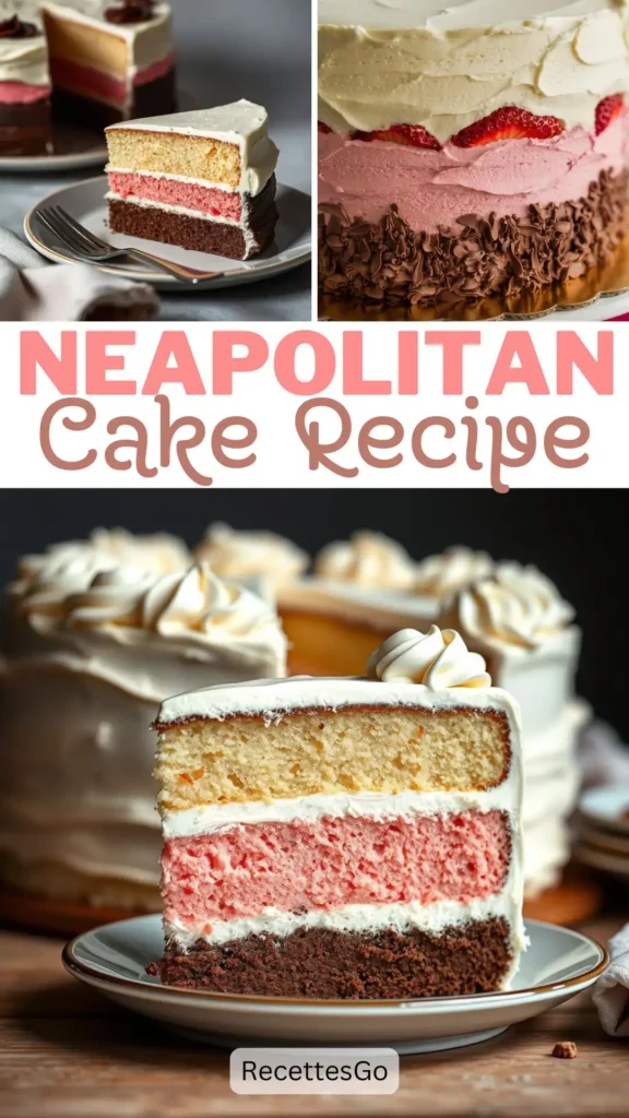 Delicious Neapolitan cake slice highlighting chocolate, vanilla, and strawberry layers