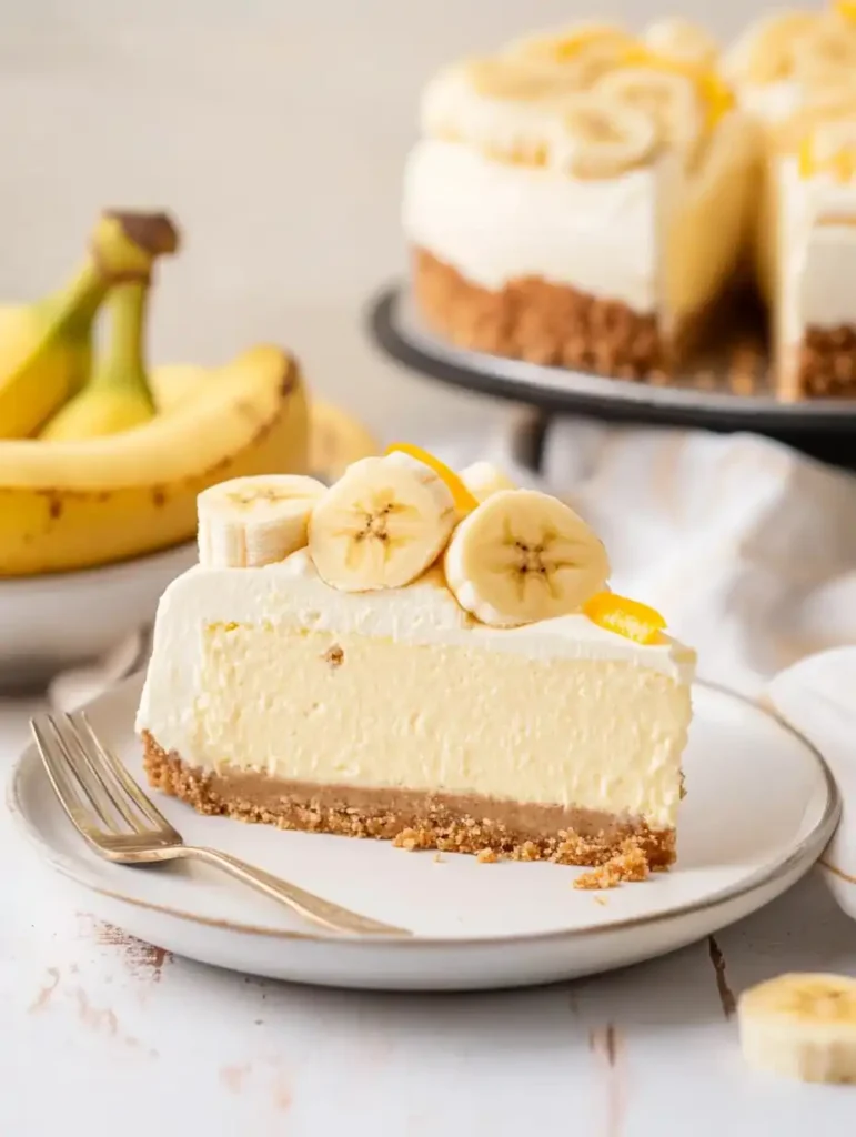 A slice of Banana Pudding Cheesecake, banana slices sits on a white plate