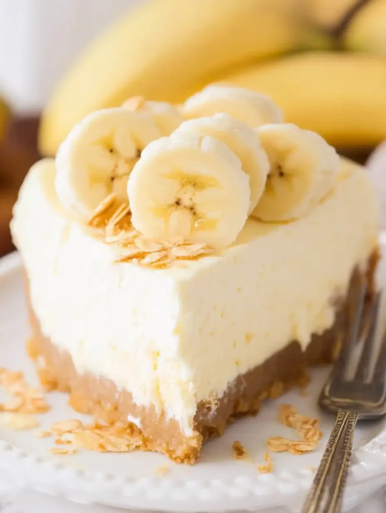 A slice of No Bake Banana Pudding Cheesecake, banana slices sits on a white plate