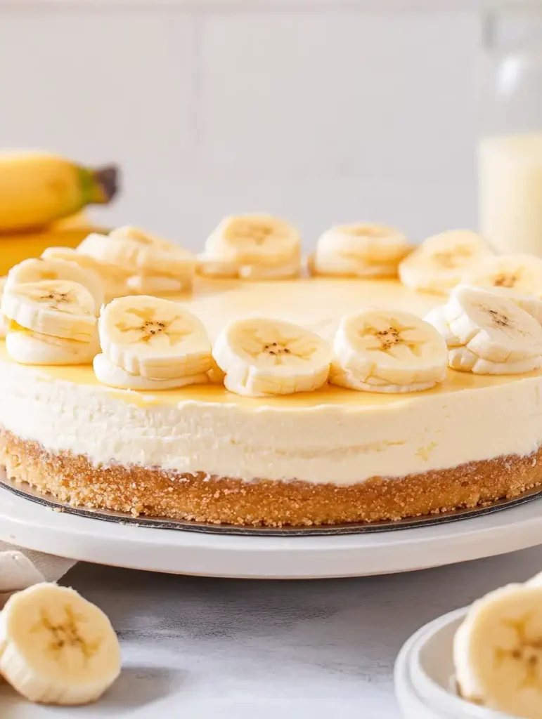A Banana Pudding Cheesecake set on a white plate, with bananas in the background.