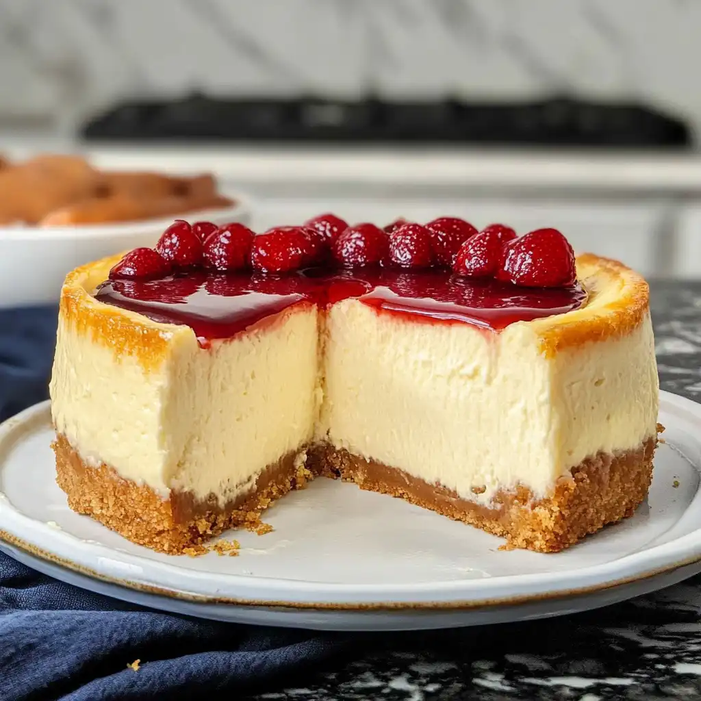 Classic cheesecake topped with fresh strawberries and a glossy strawberry glaze, displayed on a white plate with a slice removed.