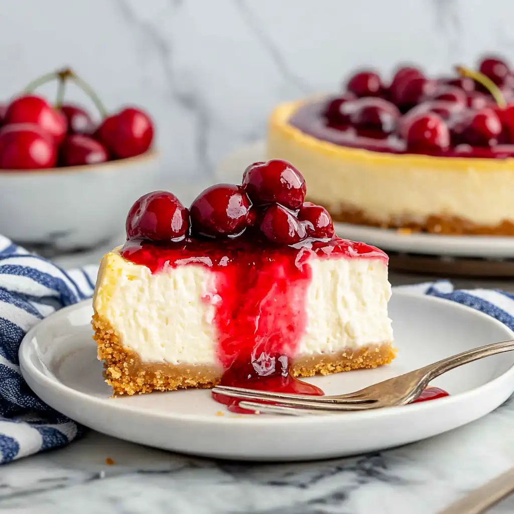 Slice of cherry cheesecake with graham cracker crust topped with fresh cherry sauce on a plate, fork beside it, with whole cheesecake and bowl of cherries in background.