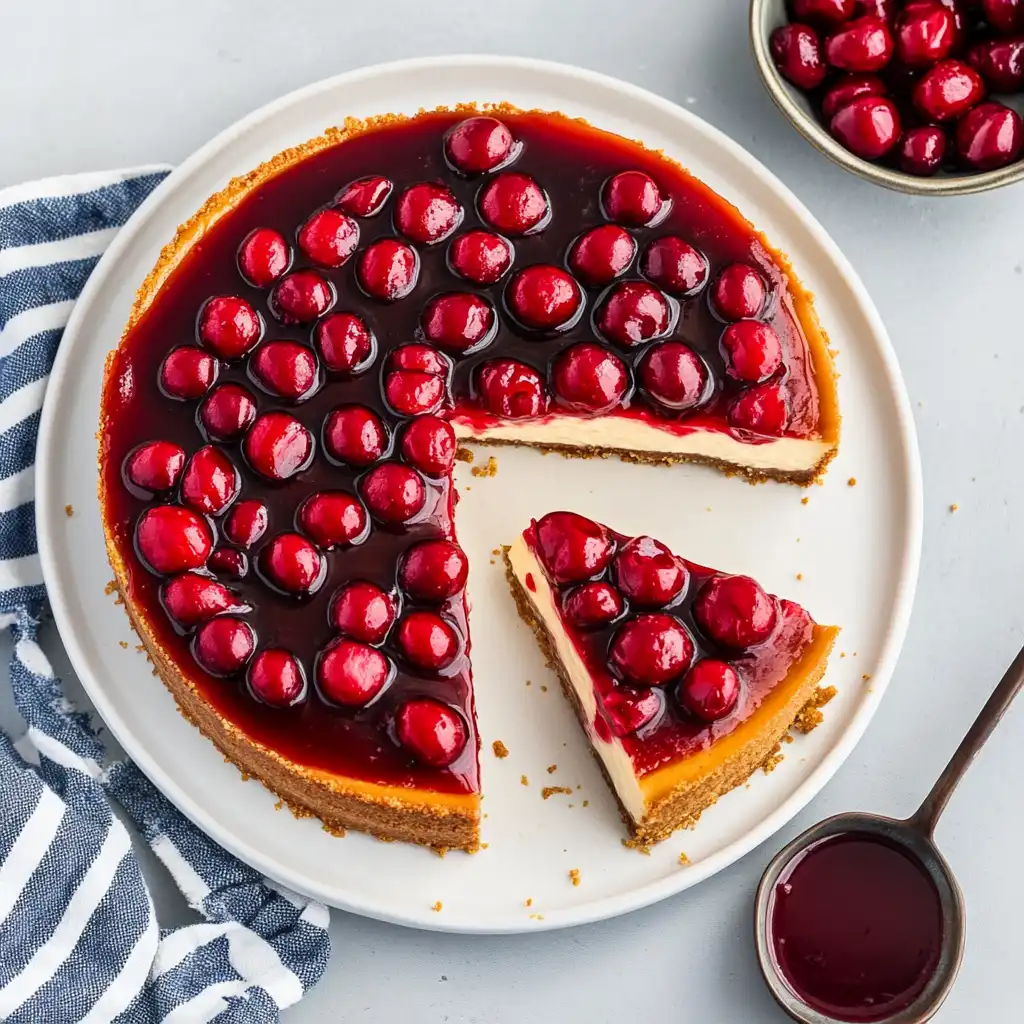 Cherry Philadelphia cheesecake on a white plate with a slice removed, topped with glossy cherries and a graham cracker crust, alongside a bowl of extra cherries and a striped napkin.