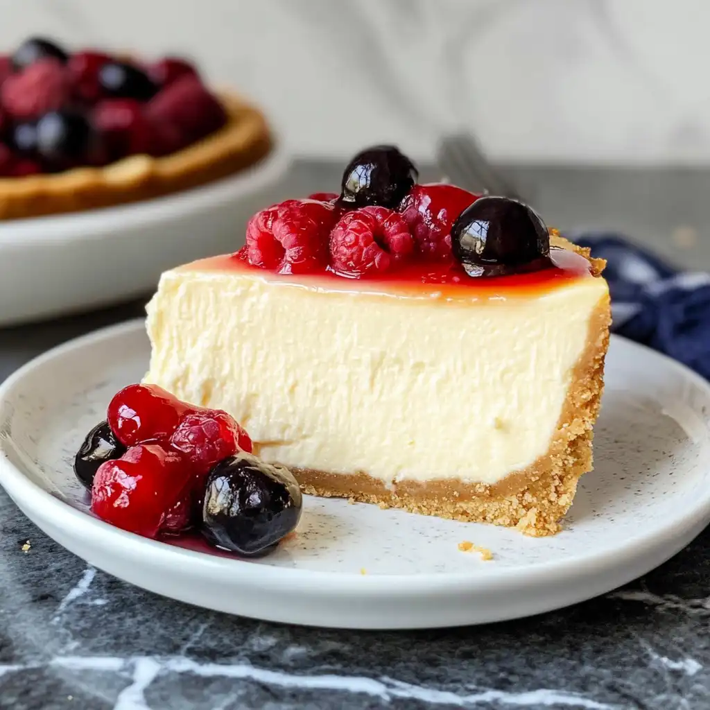 Slice of Philadelphia cheesecake topped with mixed berries on a white plate.