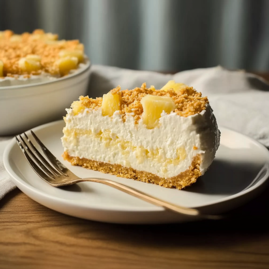 Slice of pineapple cheesecake with a graham cracker crust, topped with pineapple chunks, served on a white plate with a fork.