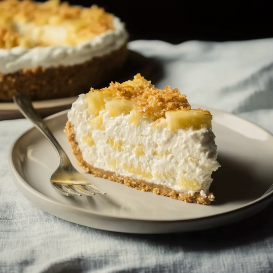 A slice of pineapple cheesecake with a graham cracker crust, topped with whipped cream and pineapple chunks, served on a plate with a fork.