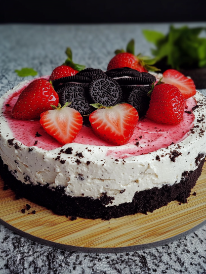 Oreo strawberry cheesecake with cream filling, topped with whole and sliced strawberries and Oreo cookies, placed on a wooden board.