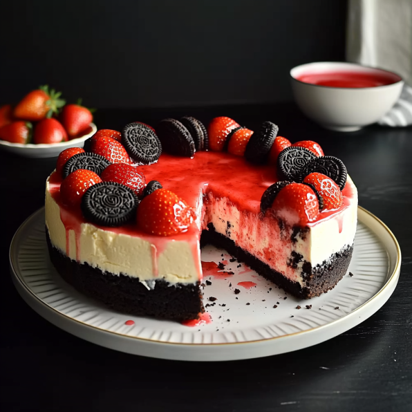 Oreo strawberry cheesecake with a chocolate crust, topped with fresh strawberries and Oreo cookies, on a white plate with a slice removed; a bowl of strawberries and red sauce in the background.