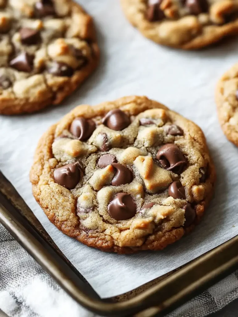 A baking sheet featuring three delicious chocolate chip cookies, warm and inviting with gooey chocolate chips.