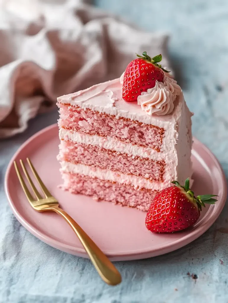 A slice of a Strawberry Cheesecake Cake