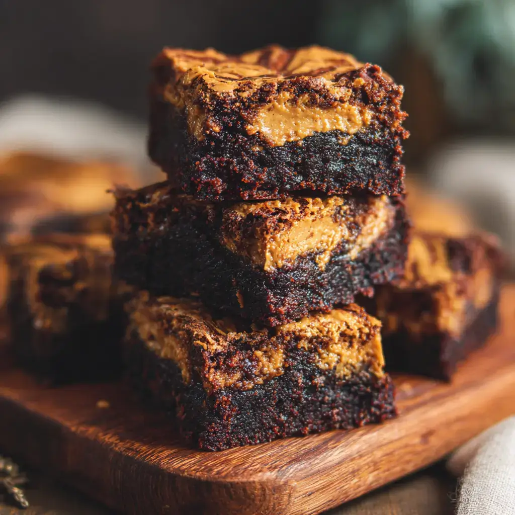 Freshly baked peanut butter brownies in a square pan, topped with swirled peanut butter.