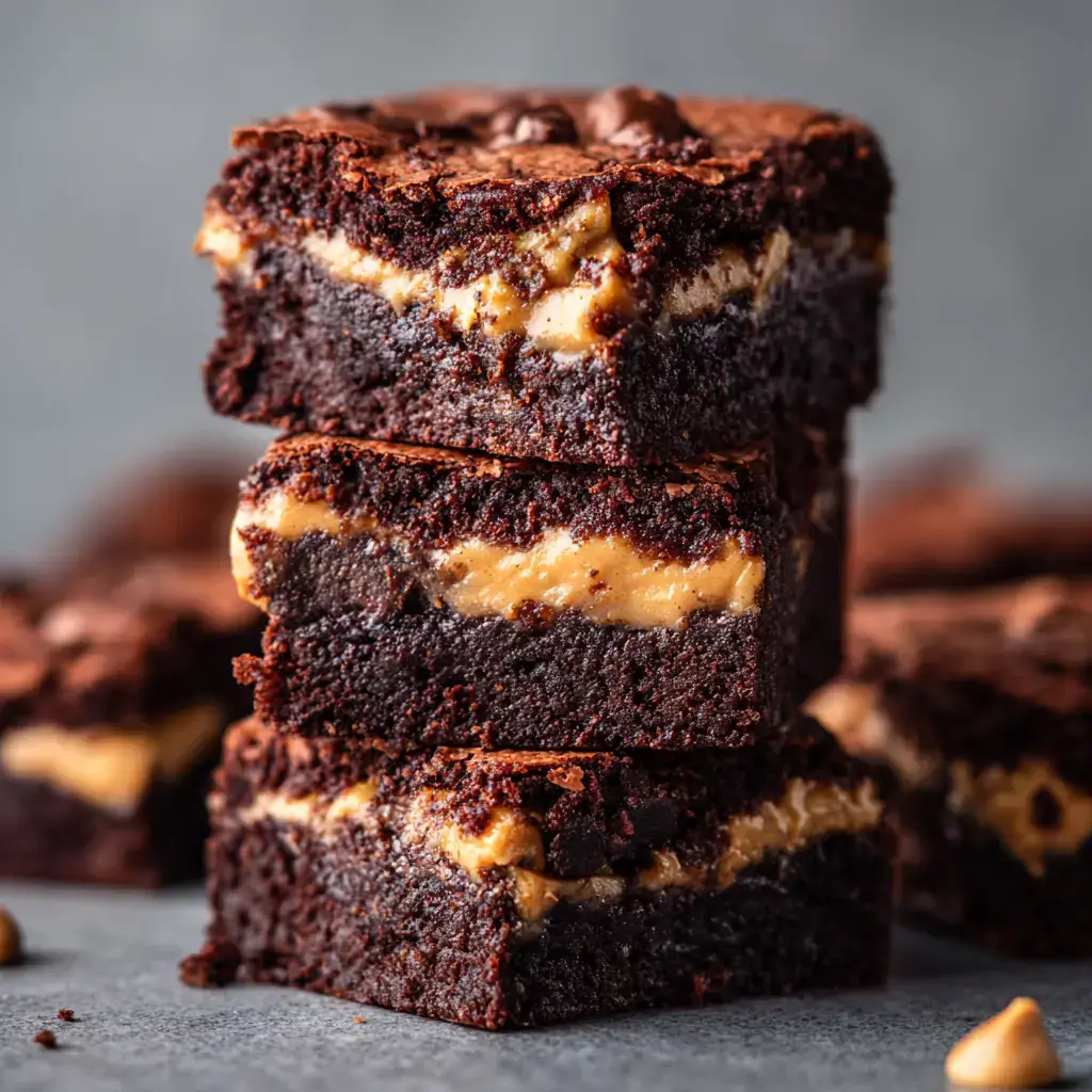 Close-up of fudgy peanut butter swirl brownies with rich chocolate and creamy peanut butter layers.