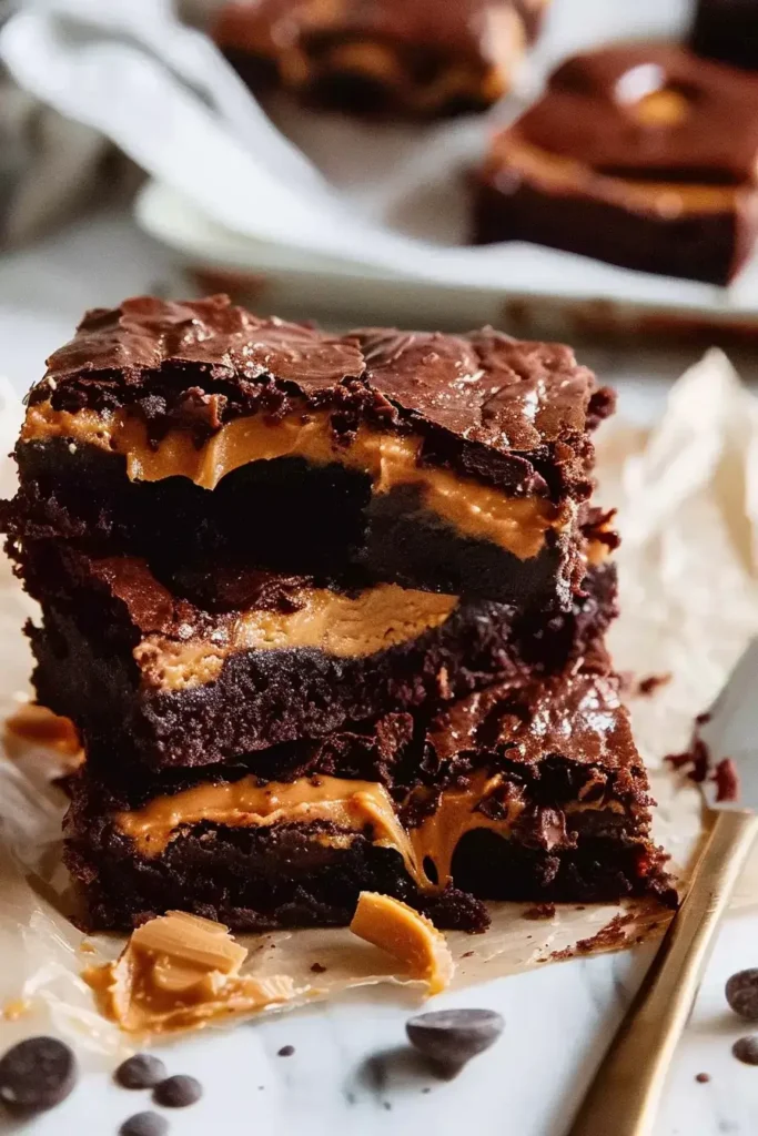 Stack of chocolate peanut butter brownies on a plate, showing gooey peanut butter filling.