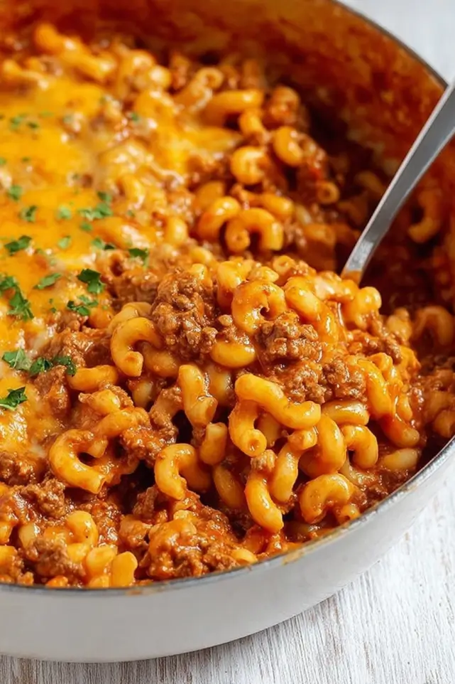 This cheesy Beefaroni is a must-try comfort classic! A warm, hearty pasta dish loaded with ground beef, rich tomato sauce, and melty cheese