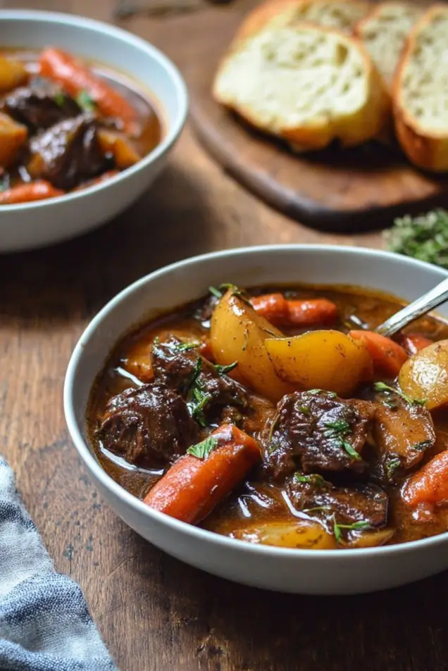 Looking for a cozy dinner? This Beef Stew Recipe with Carrots & Potatoes is slow-braised in a Dutch oven with red wine and herbs for a melt-in-your-mouth experience.
